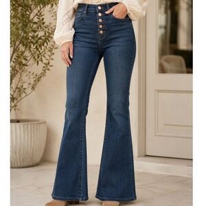 Dollhouse Womens High Rise Exposed  Button Fly Flare Jeans Medium Wash Size 5/6